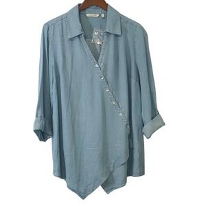 Soft Surroundings Tencel Chambray Wrap Top Blouse Blue Roll Tab Sleeve Large New